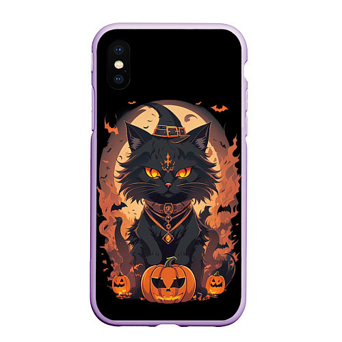 Чехол iPhone XS Max матовый Черный кот в хеллоуине / 3D-Сиреневый – фото 1