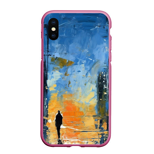 Чехол iPhone XS Max матовый Нарисованный человеческий силуэт на фоне города / 3D-Малиновый – фото 1