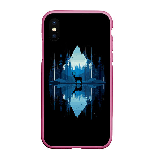 Чехол iPhone XS Max матовый Олень в ночном лесу / 3D-Малиновый – фото 1