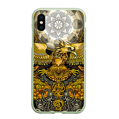 Чехол iPhone XS Max матовый Золотой орёл - славянский орнамент / 3D-Салатовый – фото 1