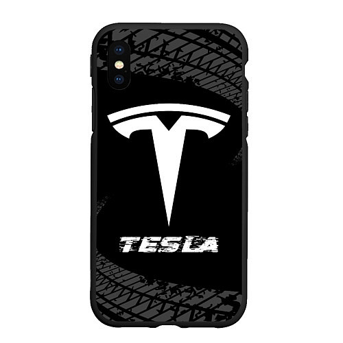 Чехол iPhone XS Max матовый Tesla speed на темном фоне со следами шин / 3D-Черный – фото 1