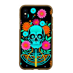 Чехол iPhone XS Max матовый Неоновый скелет в цветах, цвет: 3D-коричневый