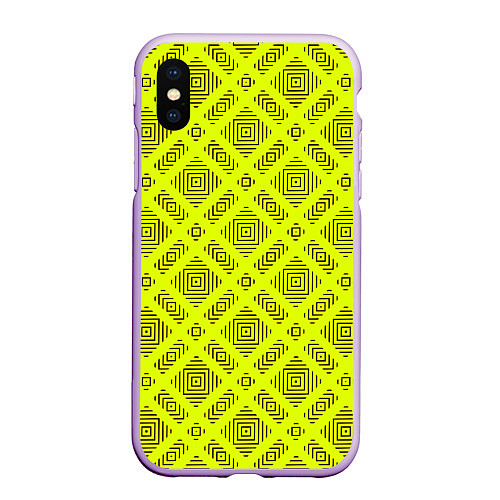 Чехол iPhone XS Max матовый Черный геометрический орнамент на желтом фоне / 3D-Сиреневый – фото 1