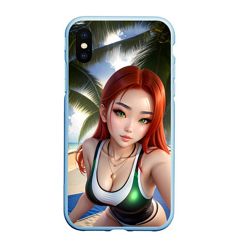 Чехол iPhone XS Max матовый Девушка с рыжими волосами на пляже / 3D-Голубой – фото 1
