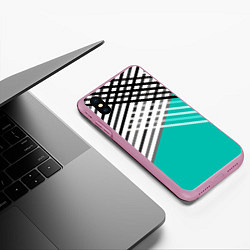 Чехол iPhone XS Max матовый Черно-белые переплетенные полосы на бирюзовом фоне, цвет: 3D-розовый — фото 2