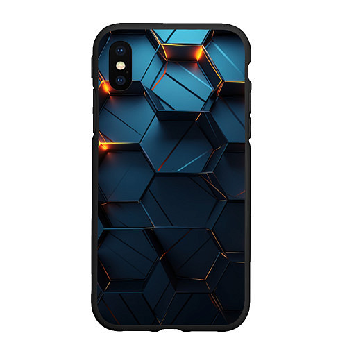 Чехол iPhone XS Max матовый Синие объемные плиты с оранжевыми вставками / 3D-Черный – фото 1