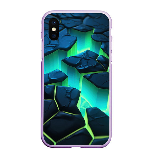 Чехол iPhone XS Max матовый Разлом объемных зеленых плит / 3D-Сиреневый – фото 1
