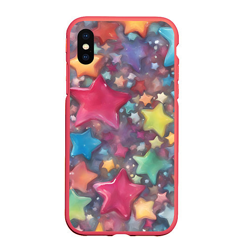 Чехол iPhone XS Max матовый Разноцветные новогодние звёзды / 3D-Красный – фото 1
