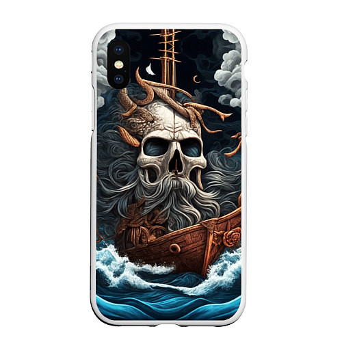 Чехол iPhone XS Max матовый Тату ирезуми черепа пирата на корабле в шторм / 3D-Белый – фото 1