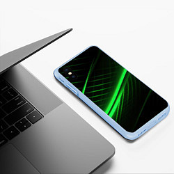 Чехол iPhone XS Max матовый Зеленые полосы на черном фоне, цвет: 3D-голубой — фото 2