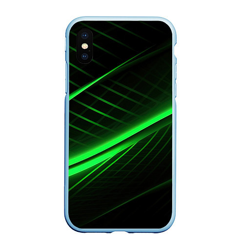 Чехол iPhone XS Max матовый Зеленые полосы на черном фоне / 3D-Голубой – фото 1