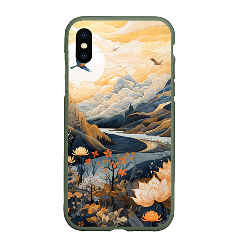 Чехол iPhone XS Max матовый Солнечное утро в цветущих горах / 3D-Темно-зеленый – фото 1
