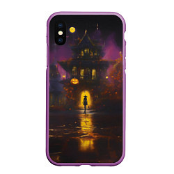 Чехол iPhone XS Max матовый Жуткий дом и ведьма с метлой, цвет: 3D-фиолетовый