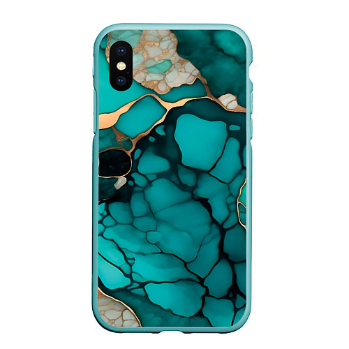 Чехол iPhone XS Max матовый Зеленый мрамор с золотыми прожилками / 3D-Мятный – фото 1