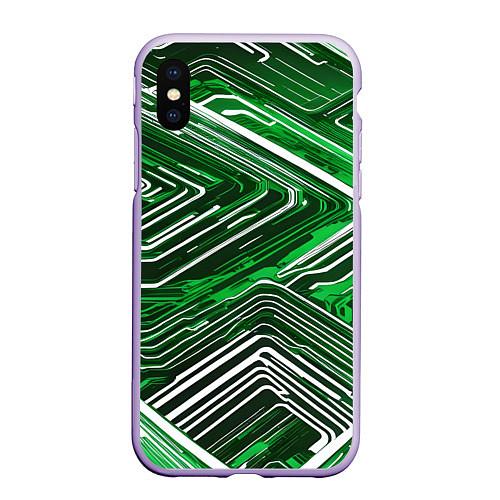 Чехол iPhone XS Max матовый Кибер линии Зелёный-белый / 3D-Светло-сиреневый – фото 1