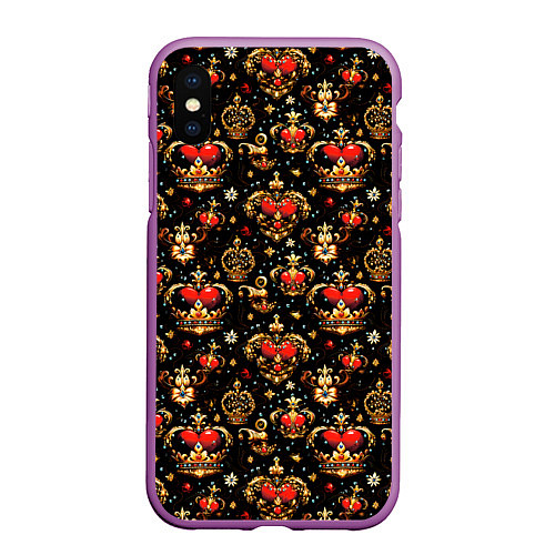 Чехол iPhone XS Max матовый Сердечки в золотых коронах / 3D-Фиолетовый – фото 1