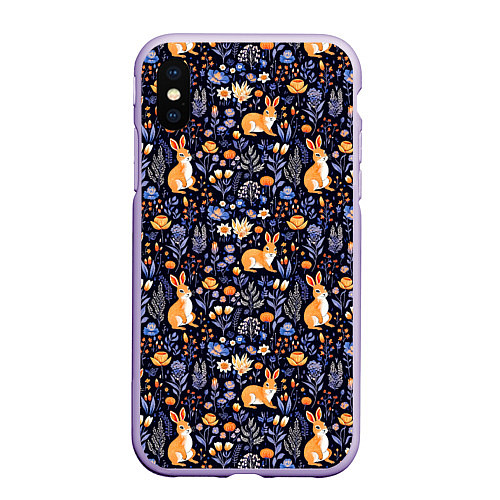 Чехол iPhone XS Max матовый Оранжевые зайчики в траве на синем фоне / 3D-Светло-сиреневый – фото 1