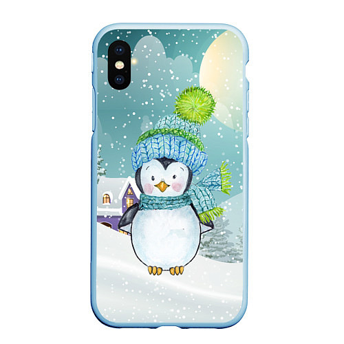 Чехол iPhone XS Max матовый Новогодний пингвин / 3D-Голубой – фото 1