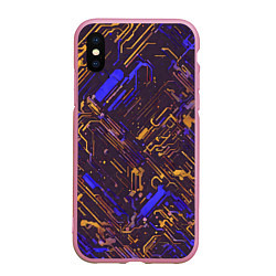 Чехол iPhone XS Max матовый Киберпанк линии синий и жёлтый, цвет: 3D-розовый