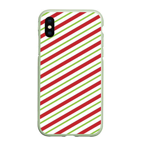 Чехол iPhone XS Max матовый Рождественский паттерн красно зеленые полосы / 3D-Салатовый – фото 1