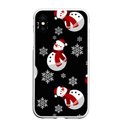 Чехол iPhone XS Max матовый Снеговички в зимних шапочках со снежинками, цвет: 3D-белый