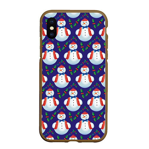 Чехол iPhone XS Max матовый Милые снеговики - зимний узор / 3D-Коричневый – фото 1