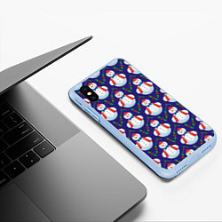 Чехол iPhone XS Max матовый Милые снеговики - зимний узор, цвет: 3D-голубой — фото 2