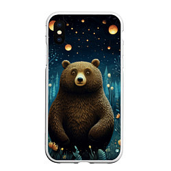 Чехол iPhone XS Max матовый Мишка в ночном лесу в стиле фолк-арт, цвет: 3D-белый