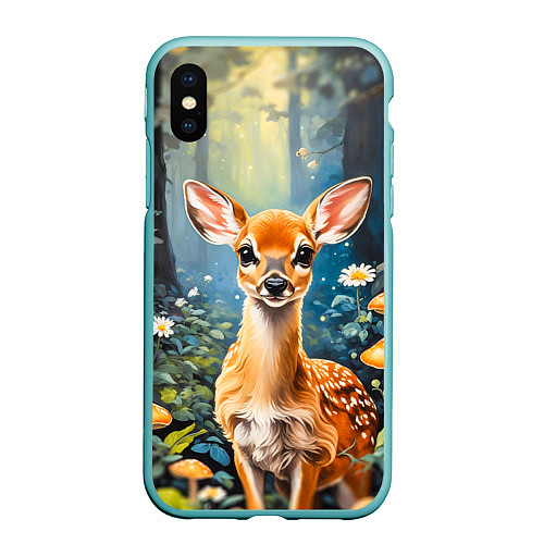 Чехол iPhone XS Max матовый Олененок в волшебном лесу / 3D-Мятный – фото 1