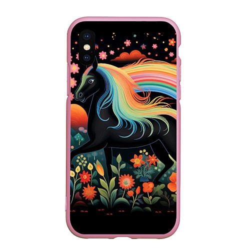 Чехол iPhone XS Max матовый Лошадка с радужной гривой в стиле фолк-арт / 3D-Розовый – фото 1