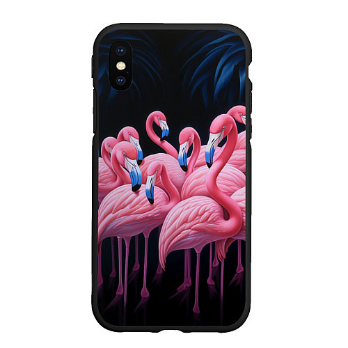 Чехол iPhone XS Max матовый Стая розовых фламинго в темноте / 3D-Черный – фото 1