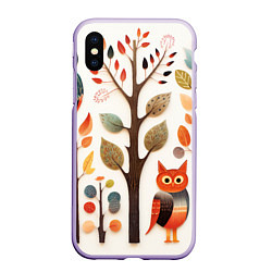 Чехол iPhone XS Max матовый Совы в осеннем лесу в стиле фолк-арт, цвет: 3D-светло-сиреневый