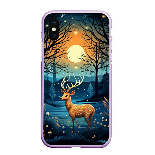 Чехол iPhone XS Max матовый Олень в ночном лесу фолк-арт / 3D-Сиреневый – фото 1