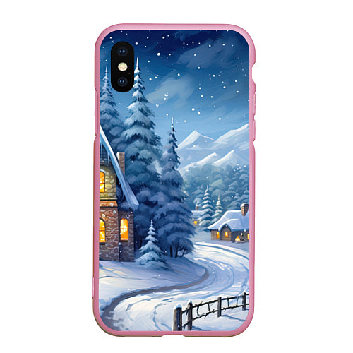 Чехол iPhone XS Max матовый Новогодний домик / 3D-Розовый – фото 1
