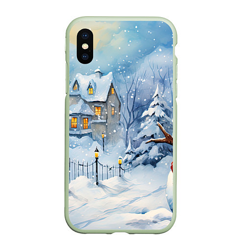 Чехол iPhone XS Max матовый Новогодний снеговик с шарфом / 3D-Салатовый – фото 1