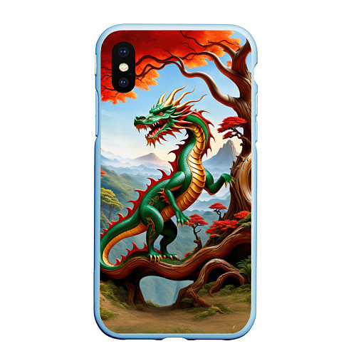 Чехол iPhone XS Max матовый Зеленый деревянный дракон / 3D-Голубой – фото 1