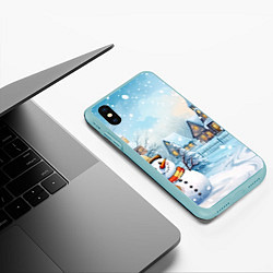 Чехол iPhone XS Max матовый Новогодний городок и снеговики, цвет: 3D-мятный — фото 2