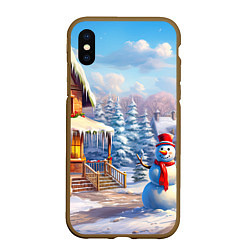 Чехол iPhone XS Max матовый Новогодняя деревня и снеговик