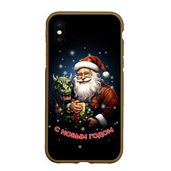 Чехол iPhone XS Max матовый Дед мороз с драконом, цвет: 3D-коричневый