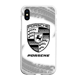 Чехол iPhone XS Max матовый Porsche speed на светлом фоне со следами шин, цвет: 3D-белый