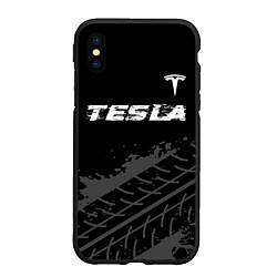 Чехол iPhone XS Max матовый Tesla speed на темном фоне со следами шин посереди, цвет: 3D-черный