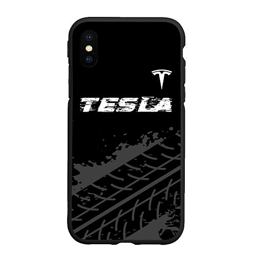 Чехол iPhone XS Max матовый Tesla speed на темном фоне со следами шин посереди / 3D-Черный – фото 1