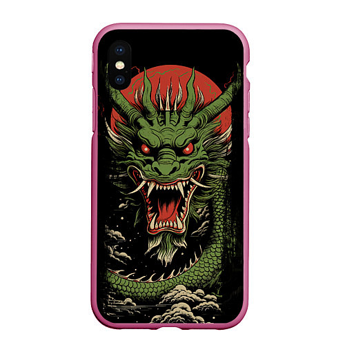 Чехол iPhone XS Max матовый Зеленый дракон с открытой пастью / 3D-Малиновый – фото 1
