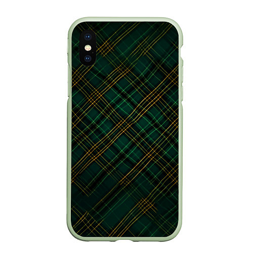 Чехол iPhone XS Max матовый Тёмно-зелёная диагональная клетка в шотландском ст / 3D-Салатовый – фото 1