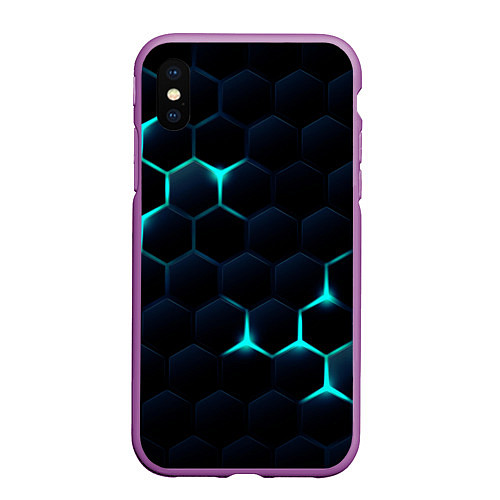 Чехол iPhone XS Max матовый Бирюзовый сквозь чёрные соты / 3D-Фиолетовый – фото 1