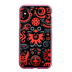 Чехол iPhone XS Max матовый Красно-черный узор в славянском стиле, цвет: 3D-малиновый