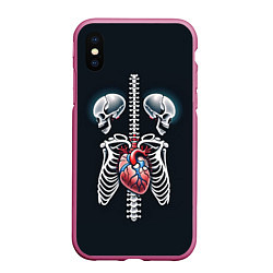 Чехол iPhone XS Max матовый Два сросшихся скелета и сердце, цвет: 3D-малиновый