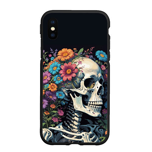 Чехол iPhone XS Max матовый Улыбающийся скелет среди цветов / 3D-Черный – фото 1