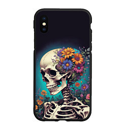 Чехол iPhone XS Max матовый Скелет с яркими цветами, цвет: 3D-черный