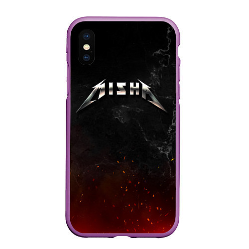 Чехол iPhone XS Max матовый Миша в стиле Металлика - искры и огонь / 3D-Фиолетовый – фото 1